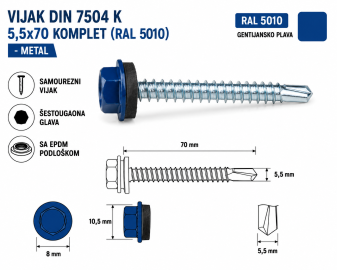 VIJAK DIN 7504 K 5,5x70 KOMPLET (RAL 5010)-METAL